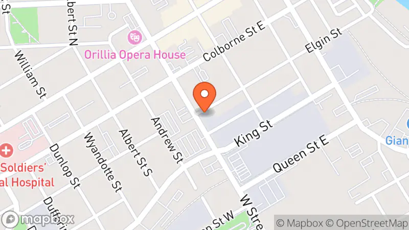 Map showing location of The Orillia Thrift Store